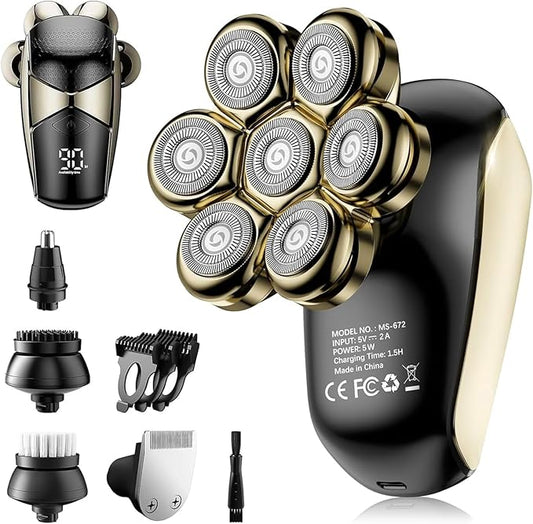 Detachable Head Shavers, SHPAVVER 5 in 1 Electric Razor IPX7 Waterproof for Bald Men, Wet Dry LED Display Rechargeable 7D Rotary Shaver Grooming Kit with Type C Charge A