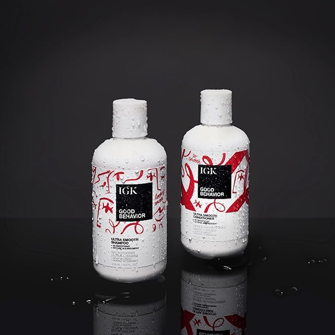 IGK GOOD BEHAVIOR Ultra Smooth Shampoo & Conditioner Set + Travel Size Packettes | Frizz Control + Shine | Vegan + Cruelty-Free | 8 oz (Pack of 2)