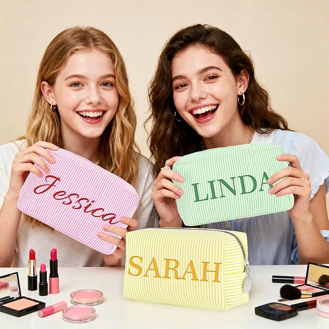SYSTUTY Personalized Makeup Bag with Embroidered Name,Custom Travel Toiletry Stripe Cosmetic Bag, Wedding Gift for Bridesmaid/Women/Girl