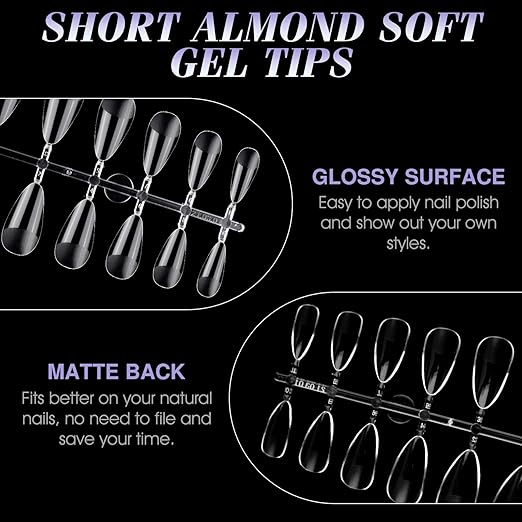 gelike ec Nail Tips Gel for Home: Short Almond 240pcs 12 Sizes False Nails for Beginners Women Girls