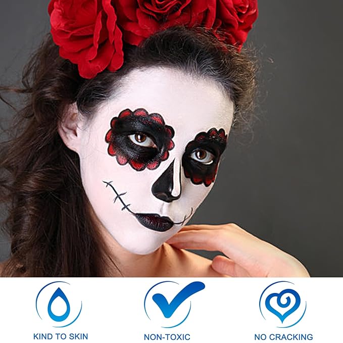 MEICOLY 7Pcs Halloween Makeup Kit,Black White Face Paint Clown White Makeup with Setting Powder,Classic Pro Oil Based Face Body Paint for Unisex Adult, SFX Joker Zombie Vampire Skull Skeleton Makeup