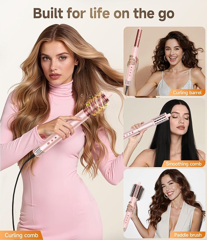8 in 1 Hair Styler Curler & Air Dryer Brush, 110,000 RPM High-Speed Negative Ionic Foldable Hair Dryer Fast Drying, Multi Professional Hot air Styler for Curling Volumizing Straightening Styling(Pink)