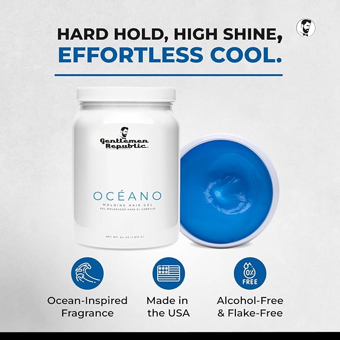 Gentlemen Republic Oceano Men's Hair Gel 32oz W/Pump - Strong Touchable Hold and High Shine Styling Gel for Hair, 100% Alcohol-Free Professional Formula with Fresh Scent, Mens Hair Product Made in USA