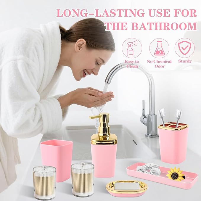 XLHOMO Pink Bathroom Accessories, 24 Pieces Pink and Gold Bathroom Accessories Set with Shower Curtain, Bath Towels, Trash Can, Soap Dispenser and Soap Dish for Bathroom/Housewarming