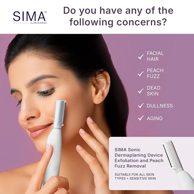 SPA SCIENCES - SIMA Patented Dermaplane Razor for Women Face – Painless 2-in-1 Facial Exfoliation & Peach Fuzz Hair Removal – Anti-Aging – 3 Speeds – Rechargeable – 7 Weeks Treatment