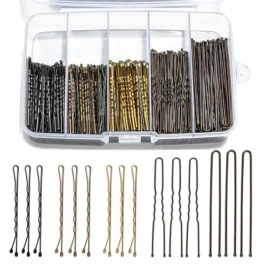 Bobby Pins and Hair Pins Combo Box 500PCS, Big Quantity Hair Pins Kit Black Brown Gold Bobby Pins and U Shape Brown for Styling Hair with Storage Box 2" / 2.4" / 2.6” for Women