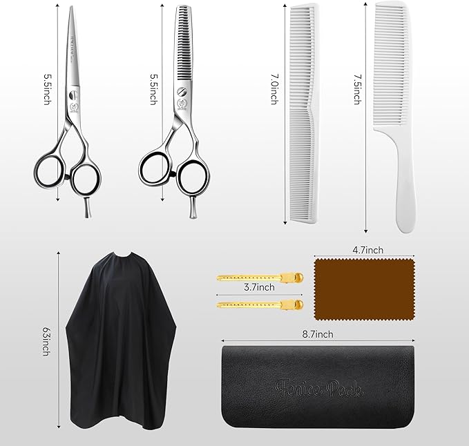 Fenice Peak 5.5'' Hair Cutting Scissors Set, Professional 440C Stainless Steel Barber Shears Kit with Cutting & Thinning Scissors, 9 PCS Hairdressing Tools for Men Women Salon Home Use
