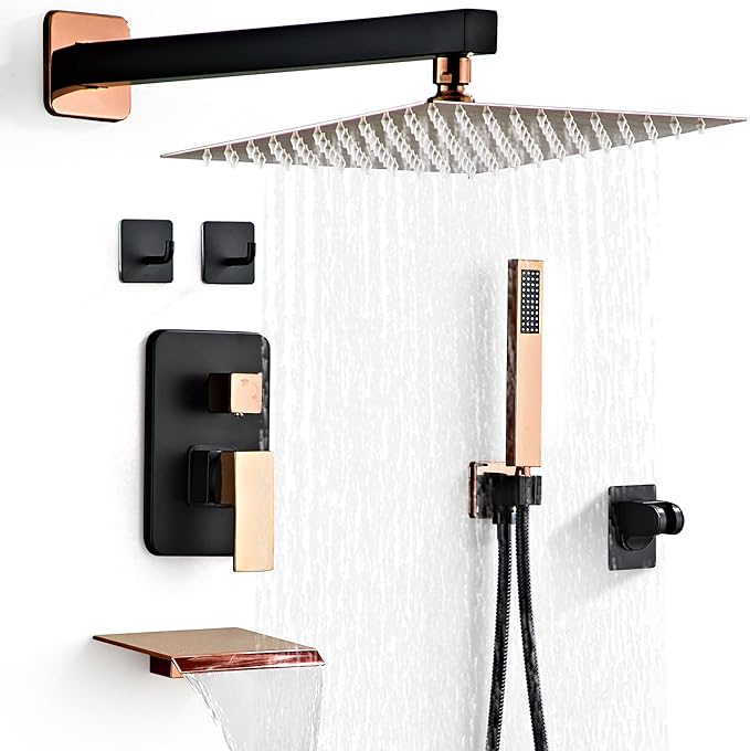 LCEVCGK Shower Faucet Set with Tub Spout, Matte Black and Rose Gold Rainfall Shower System Complete Wall Mounted for Bathroom with 10 Inch Square Shower Head and Handheld Shower Head Rain Mixer Combo