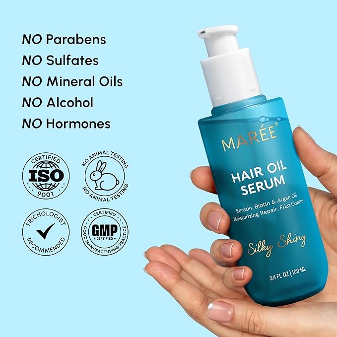 MAREE Hair Serum for Dry and Curly Hair Gloss – Hair Oil for Frizzy Hair with Argan Oil, Keratin & Biotin – Frizz Control Hair Care Products for Women – Aceite Para el Cabello – Keratin Hair Treatment