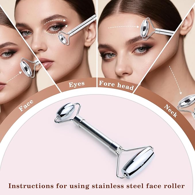 Stainless Steel Gua Sha and Face Roller Set Facial Massager Tools, Lymphatic Drainage Massager Metal Gua Sha Skin Self Care Gifts for Women