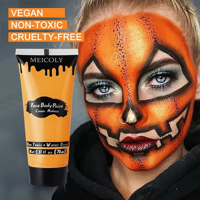 MEICOLY Orange Face Body Paint for Halloween SFX Special Effects Pumpkin Tiger Makeup,2.37Oz Large Tube Water Based Washable Face Paint,Non-Toxic Body Paint for Adults and Children