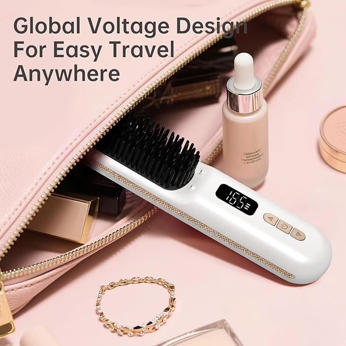 Cordless Hair Straightener Brush, Go Brush Pro, Portable Crystal Diamond Bling Mini Straightening Brush for Travel, Negative Ion Hot Comb with 9 Temps, Anti-Scald Ceramic, Fast Charging for Women
