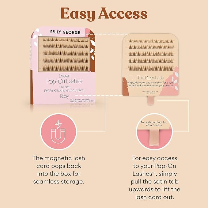 Silly George Pop-On Lashes - DIY 1-Step Pre-Glued Faux Eyelash Clusters, Natural Look Extensions, Light Brown - Rosy, 5-7 Pair Set, Pack of 60 Clusters