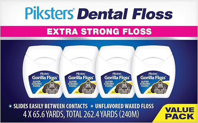 Piksters Dental Floss, 4 Pack (262.4 Yds), Extra Strong Dental Floss, Plaque Remover for Teeth, Shred Resistant, Smooth Gliding, Waxed, Deep Cleaning Teeth Flosser, Oral Care for Adults & Kids