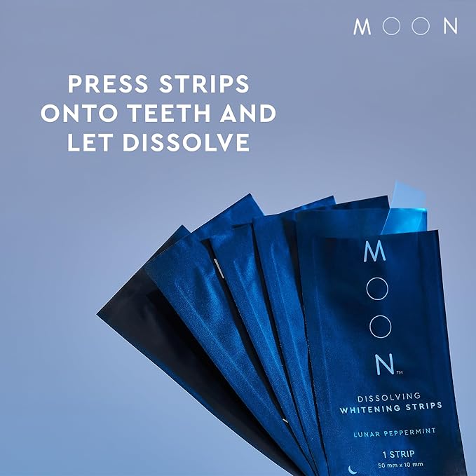 MOON Dissolving Teeth Whitening Strips, 56 No Rinse White Strips, Peppermint, Hydrogen Peroxide & Essential Oils, Whiten Sensitive Teeth up to 7 Shades in 2 Weeks, Travel Essentials, Vegan Oral Care