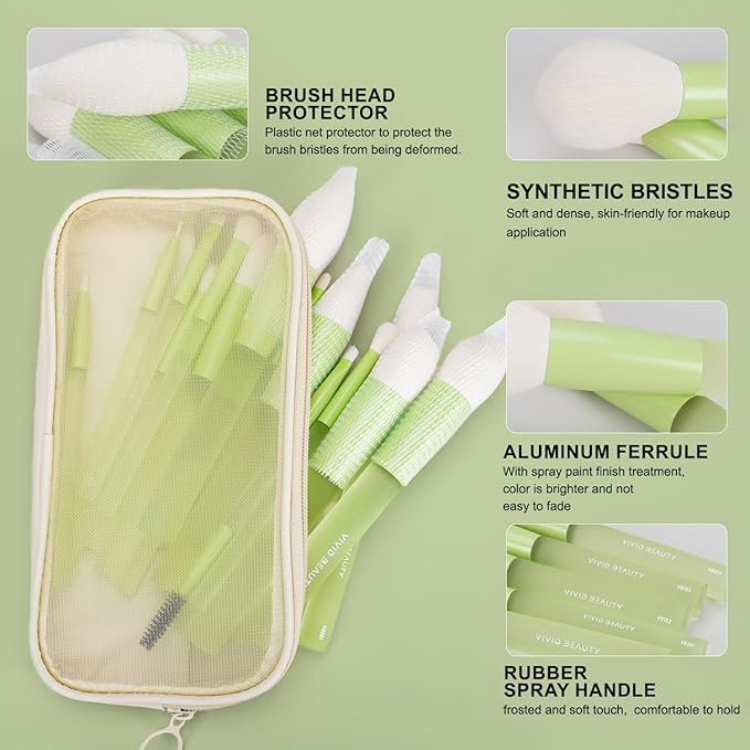Green Makeup Brush Set – 18PCS Makeup Brushes with 2 Sponges & Travel Bag, Soft Cosmetic Brushes for Foundation, Powder, Blush, Eyeshadow – Professional & Beginner Beauty Brush Kit for Women