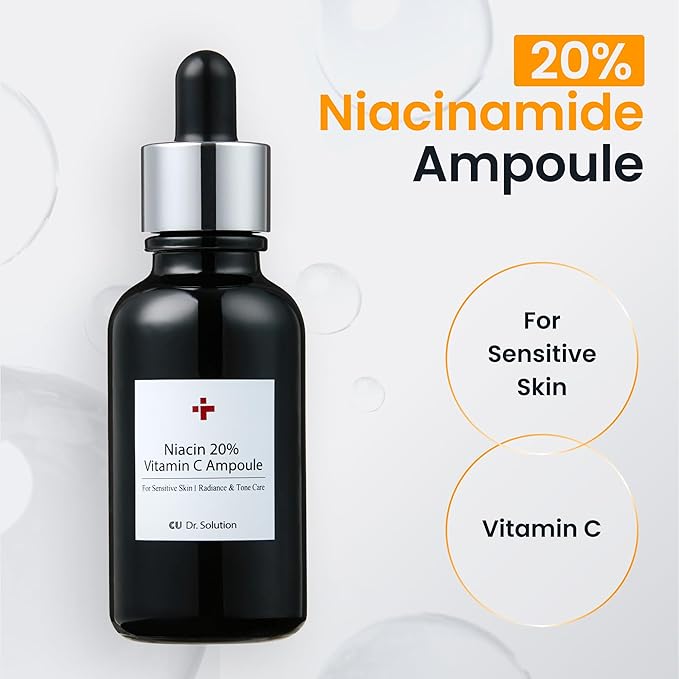 CU Dr. Solution Niacinamide 20% Vitamin C Ampoule – CUSKIN Korean Skin Care with Niacinamide, Glutathione, Hyaluronic Acid, Adenosine, Panthenol for Skin Elasticity and Moisturizing, 30g (1.01 Fl. Oz)