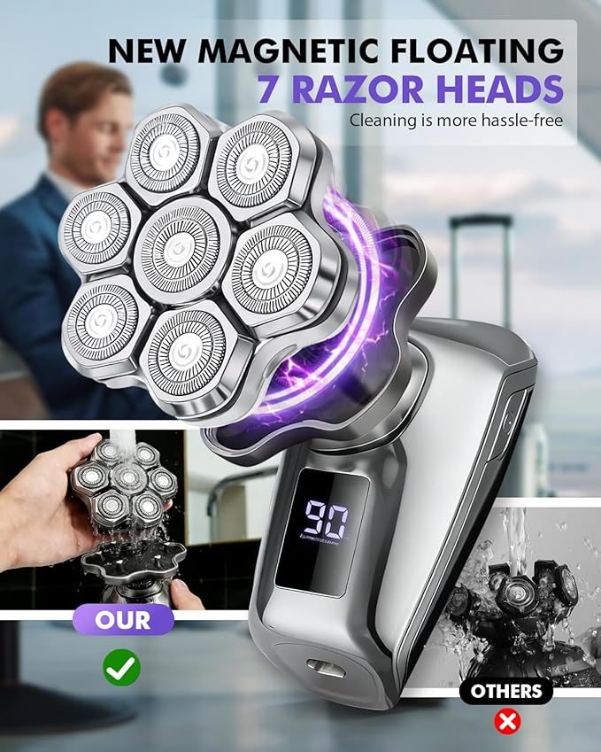 Head Shavers for Blad Men, 7D Floating Blades Electric Head Shaver, IPX7 Waterproof Wet Dry Bald Head Shaver, Magnetic Detachable Rechargable Head Shavers, Valentine's Day Gifts for Male