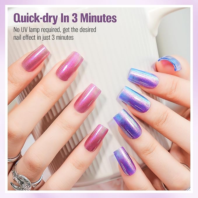 Glitter Nail Polish Blue Purple 15ml, Quick Drying Nail Polish Shimmer Glossy Regular Long-Lasting Air Dry Oil-Base Aurora Nail Art DIY for Ladies