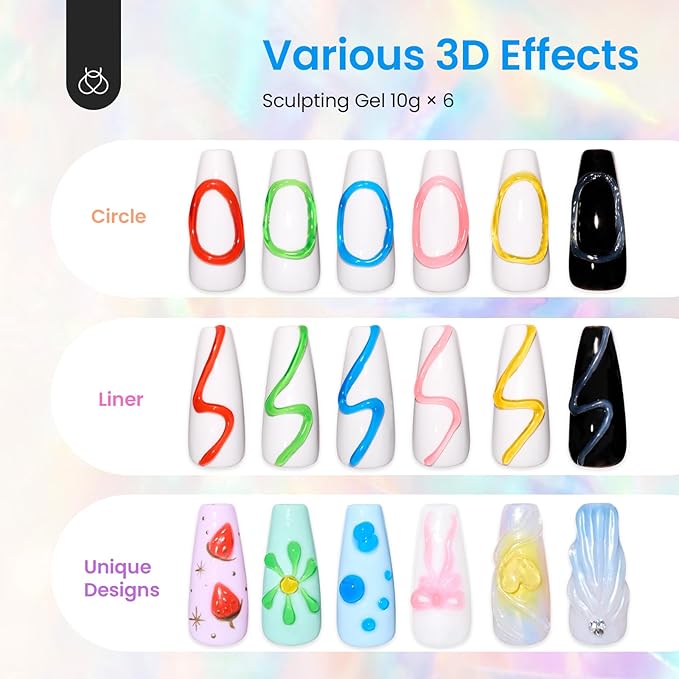 Beetles Sculpting Gel 3D Gel for Nail Art - 6 Colors No Wipe Nail Polish Rhinestone Nail Art Glue for Drawing Molding Sculpture Jewelry Decoration Manicure DIY Design