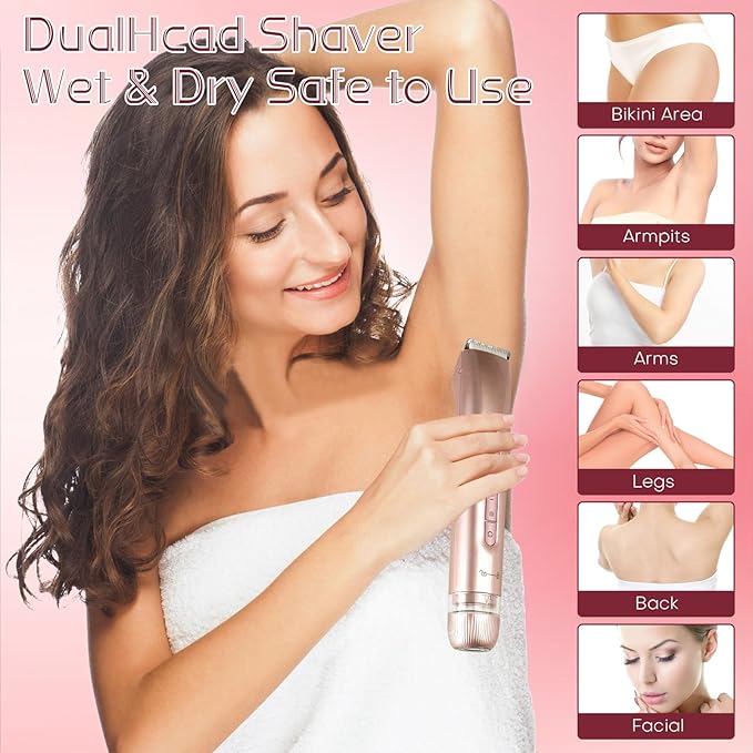 Bikini Trimmer for Women,2 in 1 Dual Head Womens Electric Shaver, Electric Razors for Pubic Hair, IPX7 Waterproof Rechargeable Facial Hair Removal for Shaving Underarm Leg Arm Body Face(Gold)