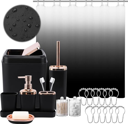 XLHOMO Bathroom Accessory Set – Bathroom Sets with Shower Curtain, Black Ombre Waterproof Shower Curtain with Stainless Steel Hooks, Bathroom Accessories Set with Shower Curtain Set for Home Decor
