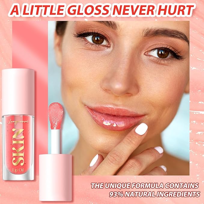 Big Brush Head Lip Glow Oil Plumping Tint, Tinted Lip Balm Transparent Lip Care, Moisturizing Non-sticky Fresh Shiny Texture Lip Oil - Strawberry (Pink)