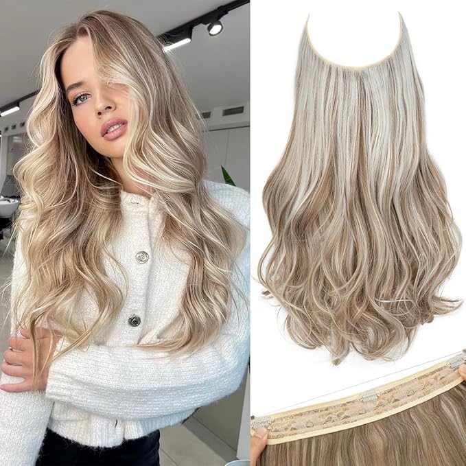 SARLA Invisible Wire Hair Extensions with 3 Clips Long Wavy Curly Synthetic Hairpiece for Women Adjustable Transparent Headband 22 Inch Ivory Blonde