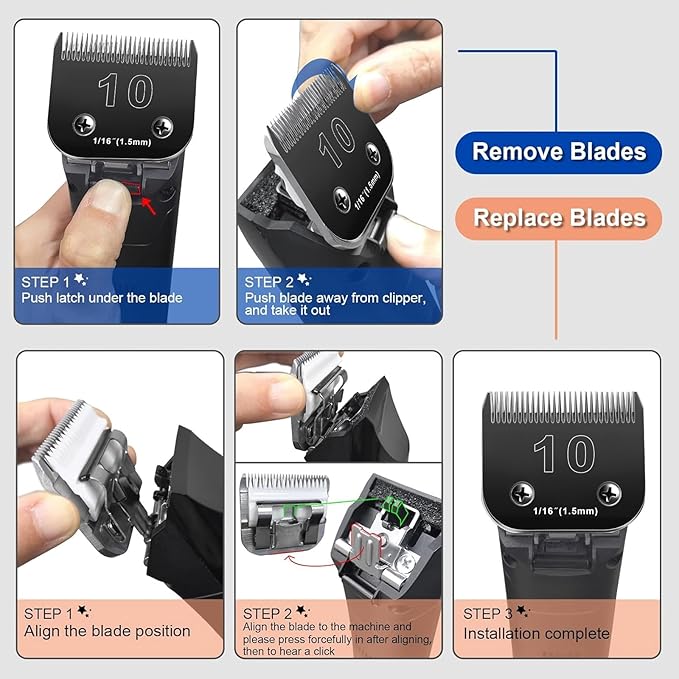 Audoc 10 Blades Dog Grooming Blades Compatible with Andis/Oster A5/Wahl KM-10 Series Dog Clippers,Detachable Clipper Replacement Blade (6PCS Black-#10+30+40+4FC+5FC+7FC)