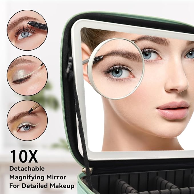 SLUMAZI Travel Makeup Bag with LED Mirror and 10x magnifying glass with 3 Lighted Settings, Adjustable Dividers and Makeup Brush Storage Bag Light Green