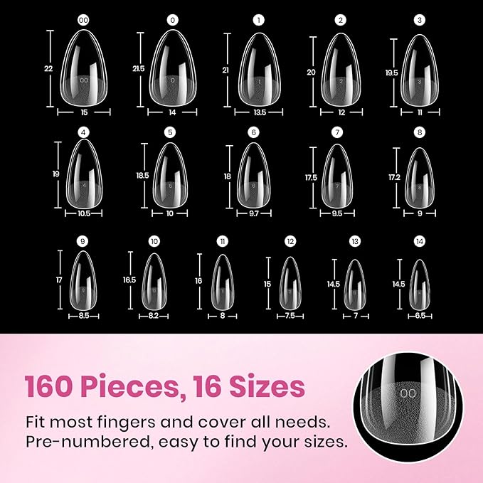 Beetles Gel Nail Tips Flat-X - Almond Short, 160pcs 16 Sizes, Pre-Etched Half Matte Full Cover Soft Acrylic False Nail Tips Clear Press on Easy DIY Extension Salon for Flat & Natural Nail Beds