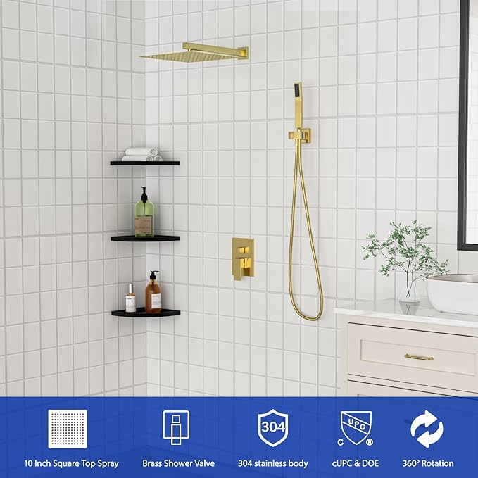 Dcolora 10 In. Rainfall Shower System with Handheld, Gold Shower Faucet Set for Bathroom, Brass Valve, 304 Stainless Steel, Anti-Scald cUPC Certified (Brushed Gold, 10 Inch)