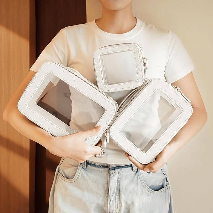 Oaque Clear Cosmetic Bag Set for Women Makeup Bag with Handle, 3 Pcs Travel Toiletry Bag Transparent Cosmetic Case Portable Make Up Organizer Bag for Essentials (White, Mini+S+L)
