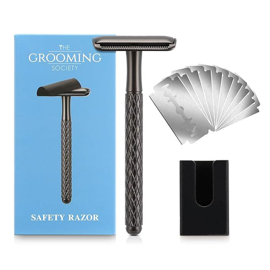 Single Blade Safety Razor for Men with Silicone Cover & 10 Blades Double Edge Safety Razor for Travel Metal Eco-Friendly Reusable Razor for Shaving (Matte Black)
