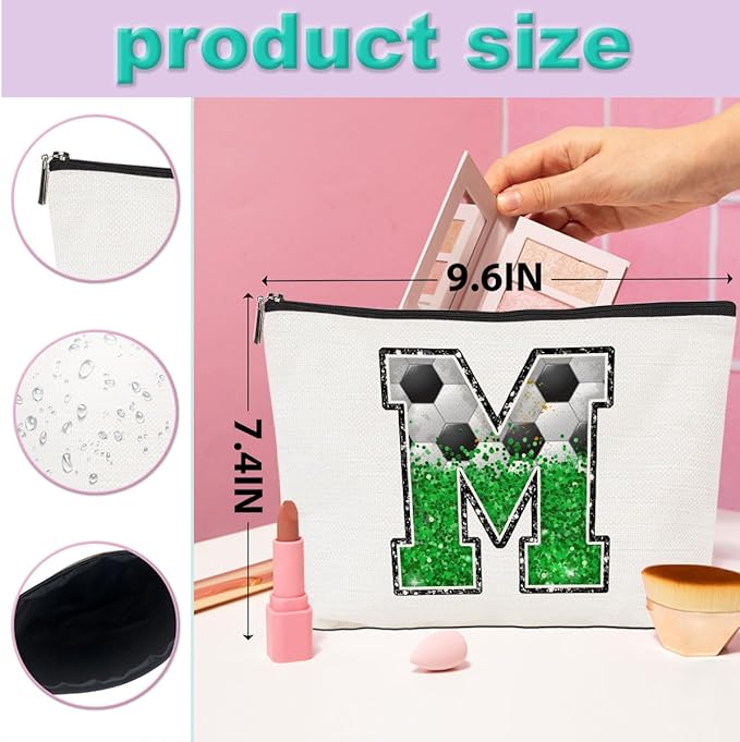 CQM Soccer Gifts Initial Makeup Bag Monogrammed Cosmetic Bag Letter M Zipper Pouch Soccer Accessories for Girls Women Player Coaches Friend Stuff Graduation Birthday Gifts