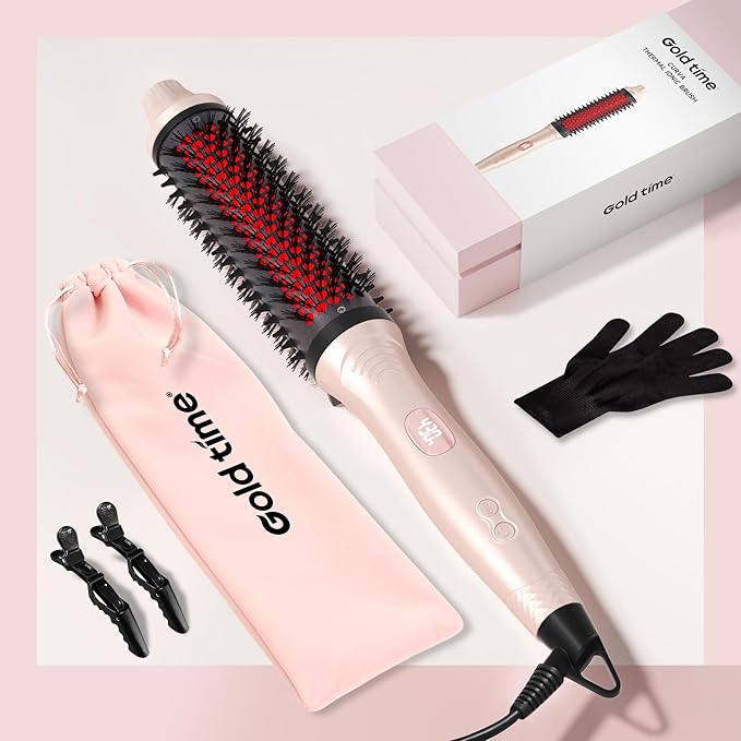 Infrared Thermal Brush, 1.65 inch Heated Round Brush for Blowout Look, Dual Voltage, Negative Ion Thermal Hair Tools, 6 Temperature, No Damage, Pink Gifts for Women