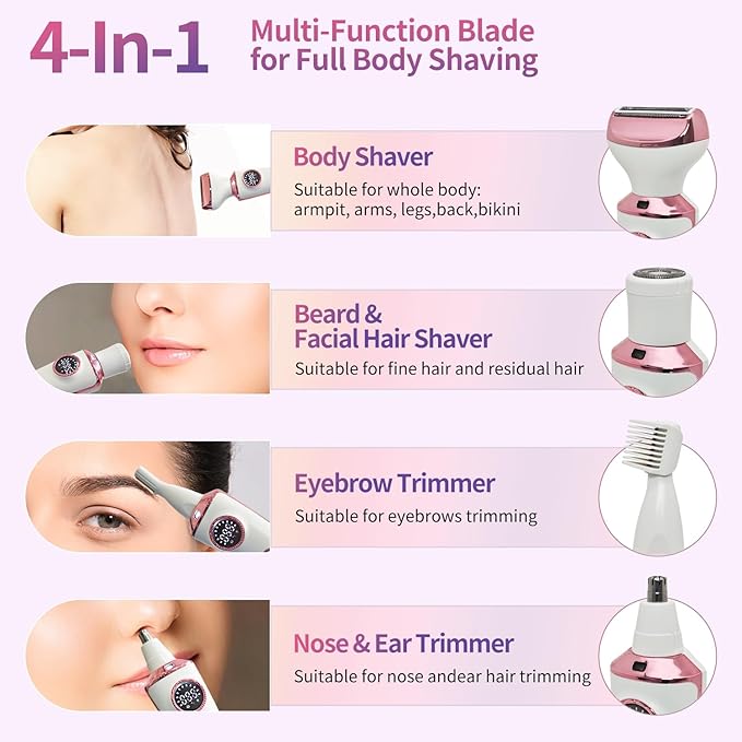 4-in-1 Electric Razor & Bikini Trimmer for Women - Rechargeable Wet/Dry Body Shaver for Face, Legs, Underarms, Pubic Hair, IPX6 Waterproof with LED Light & Travel Lock