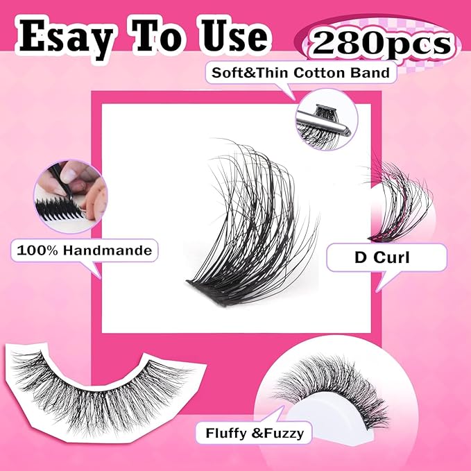 Lash Clusters 280pcs Lashes DIY Lash Extension Eyelash Clusters 40D 9-16mm D Curl Cluster Lashes Extensions Self Application (40D-0.07D-9-16MIX)