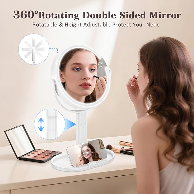 Makeup Mirror with Lights, 4000mAh Rechargeable Magnifying Mirror with 3 Colors Lights and Adjustable Brightness, 15X/1X Makeup Mirror, Height and 360°Adjustable, Valentine's Gifts for Women