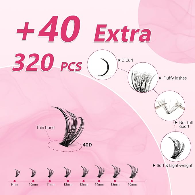 Lash Clusters 40D Eyelash Clusters 9-16mm Wispy Individual Lashes D Curl Cluster Eyelash Extensions 320pcs DIY Lash Extension （LD11）