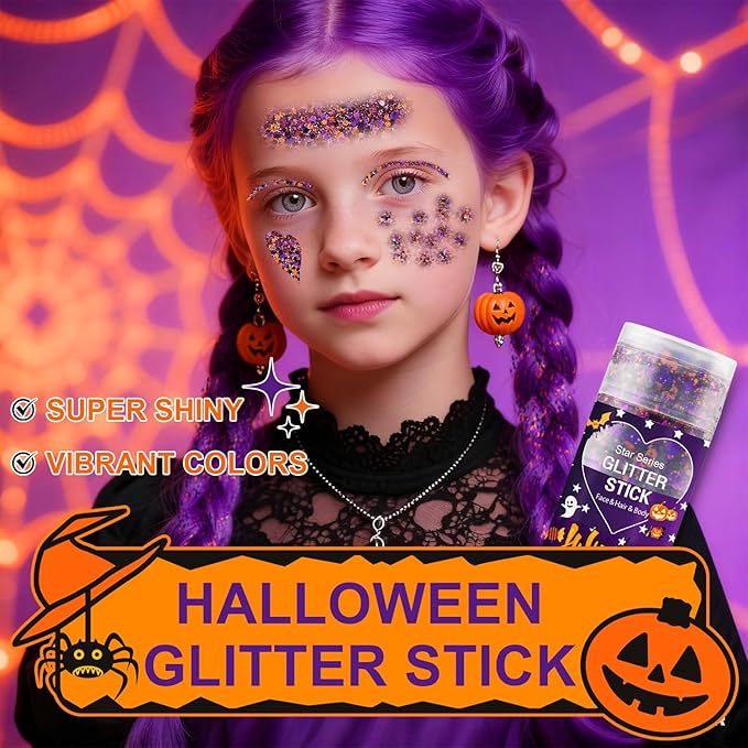 Halloween Body Glitter Stick, Black Purple and Orange Face Glitter Accessories for Rumi Costume and Rumi Cosplay Makeup, Waterproof Face and Hair Glitter Makeup for Kids and Women