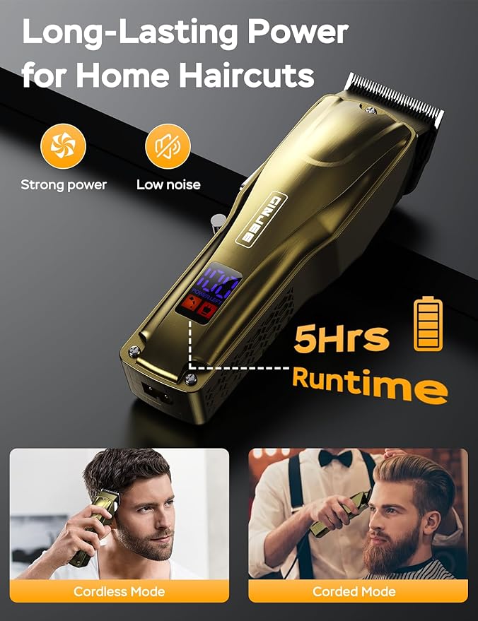 Hair Clippers for Men, Cordless & Corded Barber Clipper with 5Hrs Runtime, 7000RPM Rotary Motor & LED Display, Waterproof Professional Hair Cutting Kit for Men and Home Use (Gold)