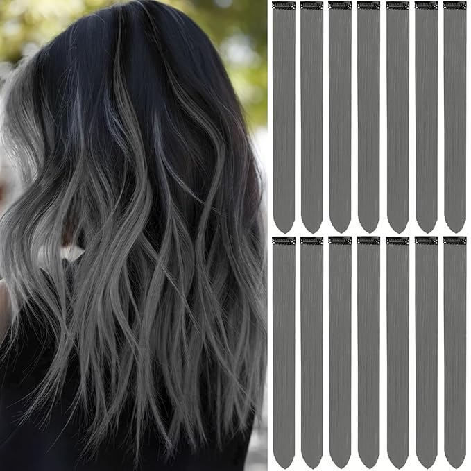 Colored Hair Extensions 14 PCS, 22 In Rainbow Gray Clip in Hair Extensions Party Highlights, Colorful Long Straight Synthetic Hairpieces for Girls Women Kids Cosplay Gift(Dark Grey)