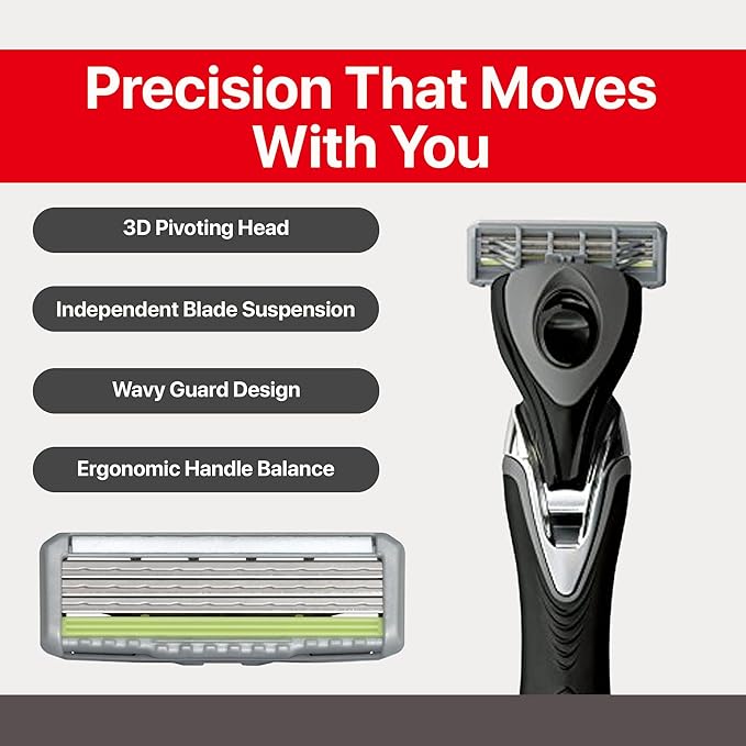 Feather - F3 Shaving Razor - Pivoting Head Shaving Razor with Wavy Guard and SiC Ceramic Coating - 3 Blade Shave Cartridge for Regular to Sensitive Face and Skin - Disposable Blades