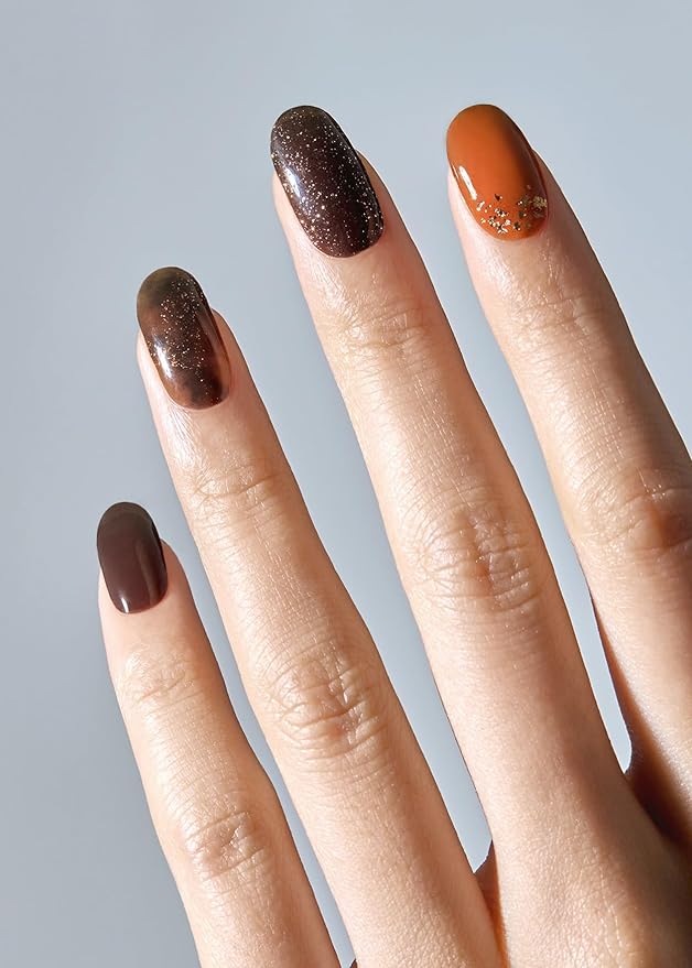 ohora Semi Cured Gel Nail Strips (N Cinnamon Glaze) - Works with Any Lamps, Salon-Quality, Long Lasting, Easy to Apply & Remove - Includes 2 Prep Pads, Nail File & Wooden Stick