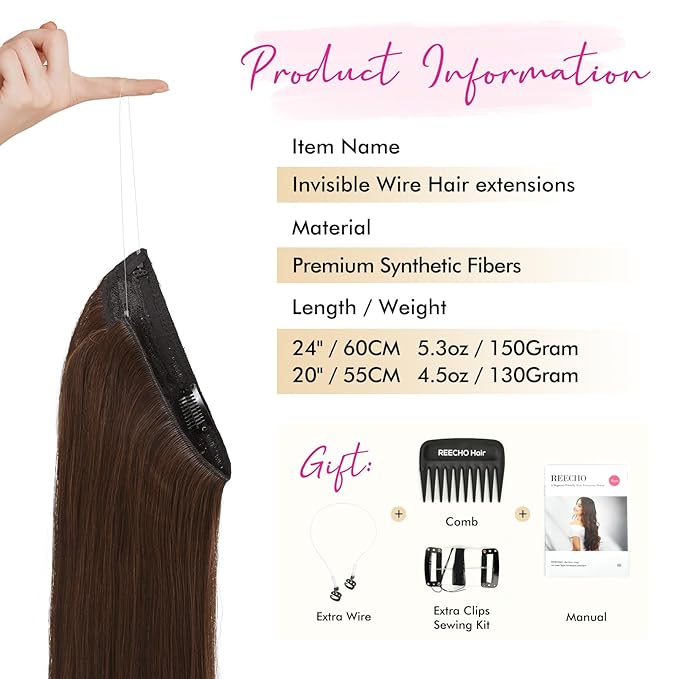 REECHO Invisible Wire Hair Extensions with Transparent Headband Adjustable Size Removable Secure Clips in Straight Secret Hairpiece for Women (20 Inch (Pack of 1), Dark Brown with Copper Highlights)