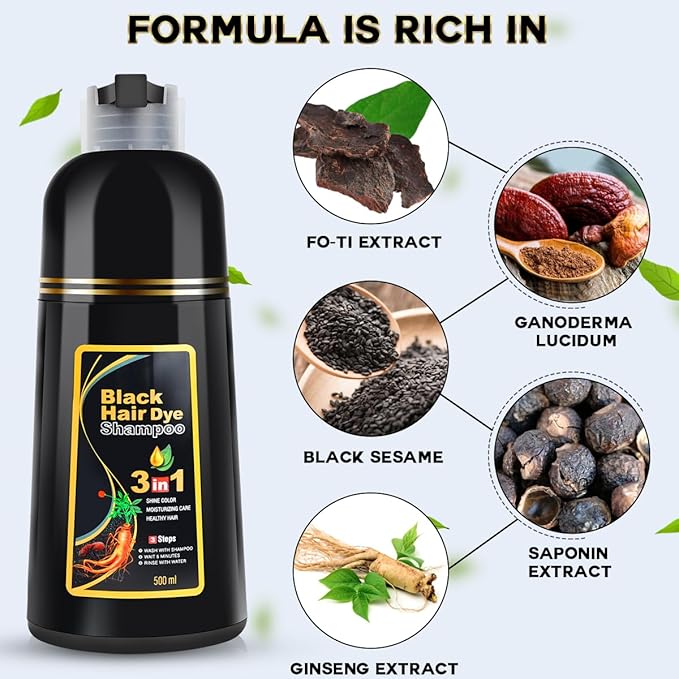 IIIMEIDU MEIDU Black Hair Dye Shampoo 3 in 1, Shampoo for Color Treated Hair 100% Gray Coverage for Women Men, Natural Herbal Ingredients Champu Para Canas pintar el pelo 500ml