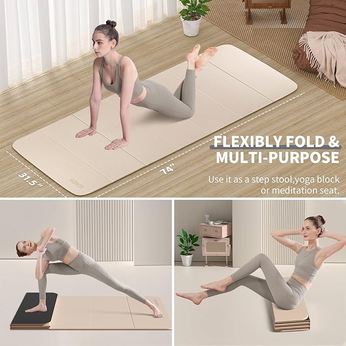 Foldable Yoga Mat Extra Thick & Large (74" x 31.5" x 0.32"), Double-Sided Non Slip & Lightweight Fitness Mat, 8mm Thick Wide Exercise Mats for Woman Man Kids, Portable Workout Mats for Travel, Studio or Home Use