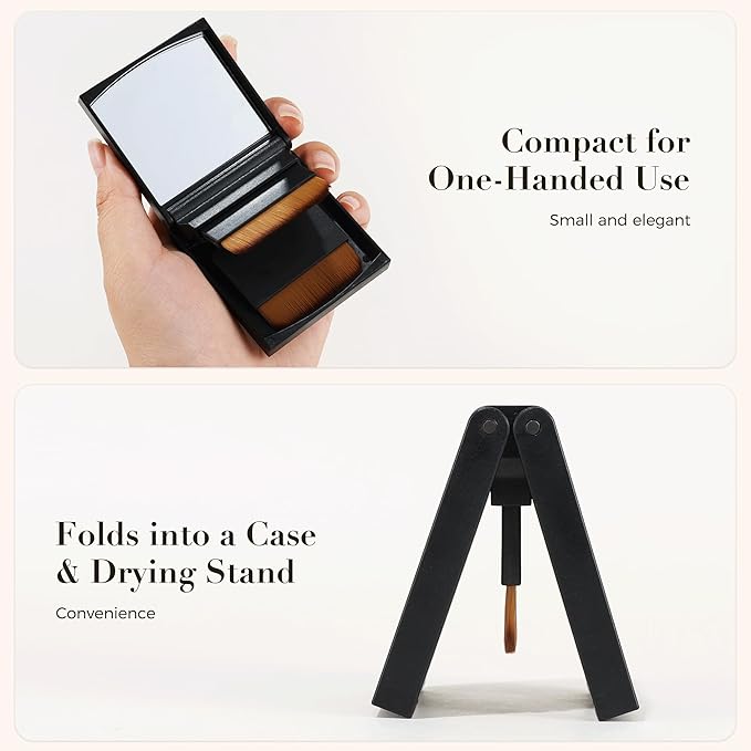 ENERGY Kabuki Brush Flat 2PCS Portable Folding Case with Mirror – Travel Makeup Brush for Foundation, Powder & Contour, Compact Mini Cosmetic Tool with Magnetic Closure Vegan for Purse or Travel Bag