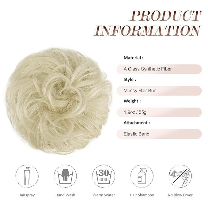 FESHFEN Messy Bun Hair Piece - Large Elastic Wavy Curly Hair Bun Scrunchies Ponytail Extensions Synthetic Chignon Hairpieces for Women, Platinum Blonde 1.94oz